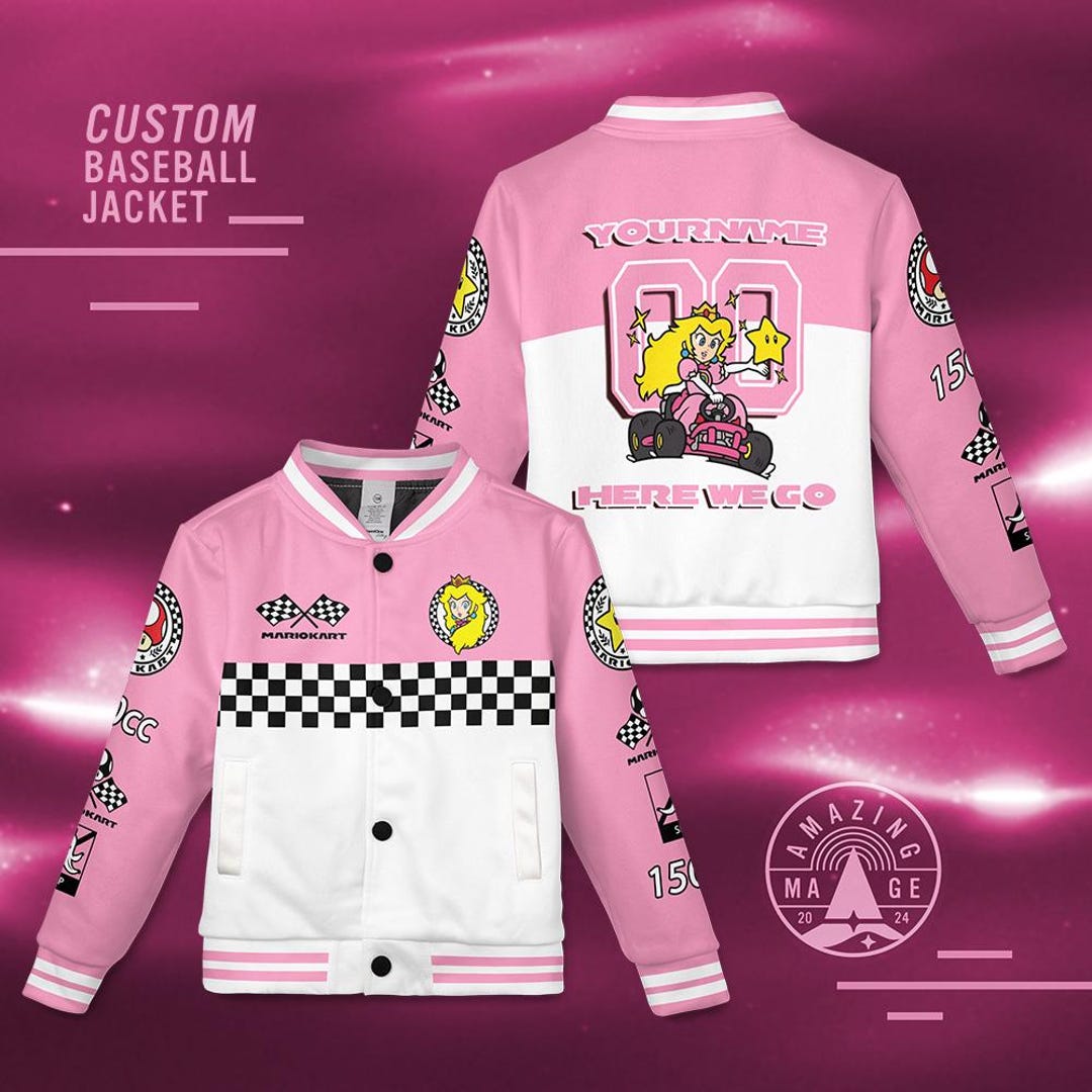 Custom Princess Peach Baseball Jacket, Mario Kart Kids Varsity