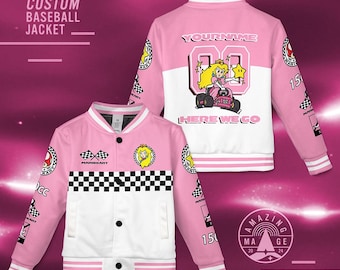 Custom Princess Peach Baseball Jacket, Mario Kart Kids Varsity Jacket, Super Mario Birthday Gift, Mario Peach Bowser Game Lover Gift