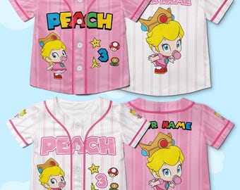 Maglia da baseball personalizzata Baby Peach, maglietta di compleanno Principessa Peach, maglietta per feste a tema Peach, regalo di compleanno per bambine, abiti coordinati per tutta la famiglia