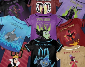 Maglia da baseball personalizzata di Halloween con i cattivi Disney, maglietta coordinata per la famiglia con i cattivi Disney, Malefica, la regina cattiva Ade, Jafar, Crudelia De Mon