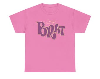 May include: Pink t-shirt with a purple "Brat" graphic with a halo above the word.