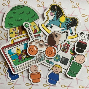 Lot d'autocollants vintage Fisher Price - 10 autocollants en papier découpé (5 grands, 5 petits)