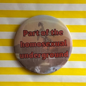以下が含まれることがあります： 赤い文字で「Part of the homosexual underground」と書かれた丸いボタン。ボタンの背景は、人のぼやけた画像です。ボタンは、黄色と白のストライプの背景にあります。