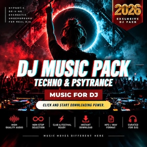 Op de afbeelding: Een digitale promotieafbeelding voor een 2026 DJ-muziekpakket met techno- en psytrance-nummers. De afbeelding toont een DJ met een koptelefoon bij een console, verlicht door rood en blauw licht, met tekst waaronder 'DJ MUSIC PACK' en 'CLICK AND START DOWNLOADING POWER.'