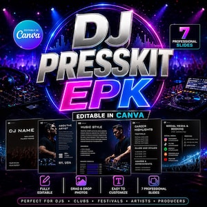 Modèle de dossier de presse DJ Canva - Augmentez vos réservations - Kit média DJ modifiable (EPK) - Téléchargement instantané