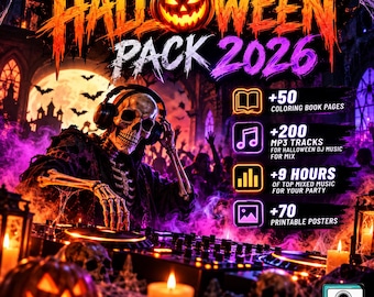 May include: A digital Halloween Pack 2026 graphic featuring a skeleton DJ wearing headphones at a mixing console. Text includes 50 coloring book pages, 200 MP3 tracks for Halloween DJ music, 9 hours of top mixed music, and 70 printable posters.