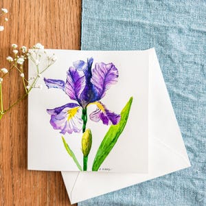Aquarell Lila Iris Karte - Handgemalte Wildblumen Gruß, Botanische Karte