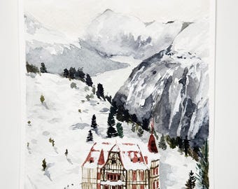 Hand-Painted Villa Cassel in Winter – Original Watercolor Swiss Heritage Art, Alpine Scene