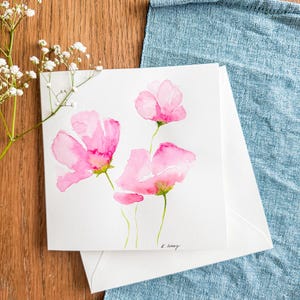 Biglietto d'auguri floreale ad acquerello – Papaveri rosa dipinti a mano, cancelleria artistica