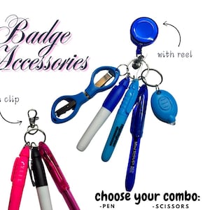 Badge Reel Accessories | custom combo | highlighter, pen, permanent marker, LED light, foldable scissors, pen holder