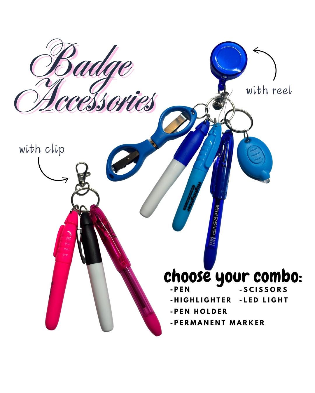 Badge Reel Accessories : Pen, Highlighter, Scissors, LED Light, Marker ...