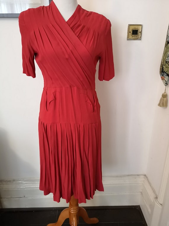 Vintage 40s coral red rayon pleated dress
