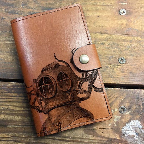 Handmade Leather Journal Cover: Skull Design, Fits Moleskin & Field Notes