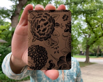 Front Pocket Wallet Floral, Slim Wallet, Leather Card holder, Bifold wallet, Mens leather wallet, leather wallet, brown wallet