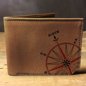 Billetera de cuero para hombre, billetera para hombre, billetera rosa de los vientos, billetera de cuero, billetera delgada, regreso a la escuela, billetera de cuero para hombre, billetera plegable