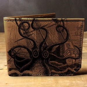 Cartera de cuero para hombre, billetera para hombre, billetera de ataques de pulpo, billetera de cuero, billetera delgada, regreso a la escuela, billetera de cuero para hombre, billetera bifold