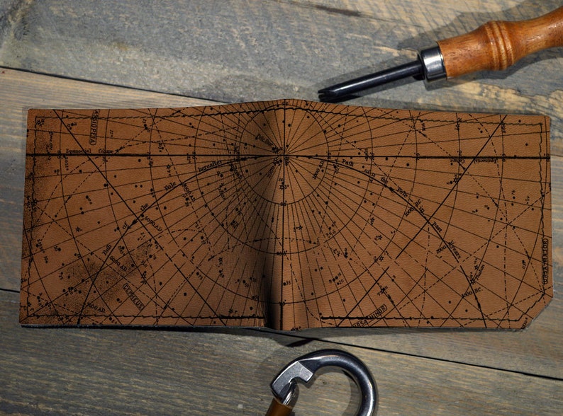 May include: A brown leather wallet with a vintage star chart design. The wallet is folded in half and has a black stitching detail around the edges.