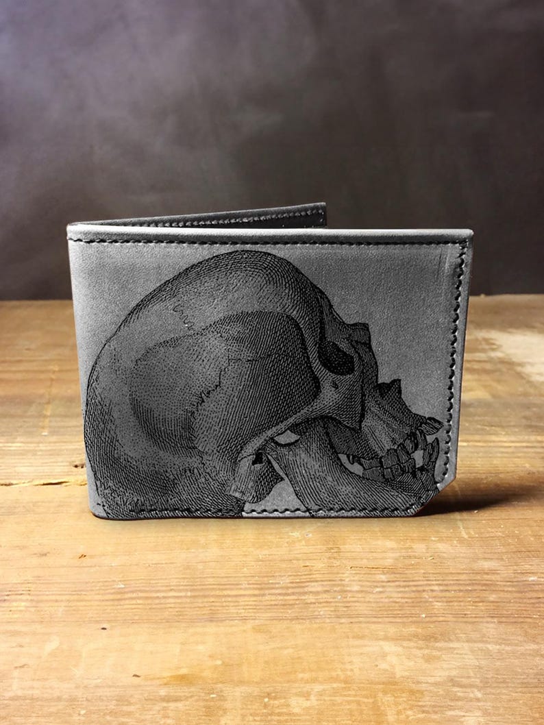 Skull Illustration - Handmade Leather Bifold Wallet image 1