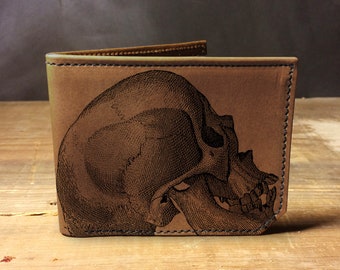 Skull Illustration - Handmade Leather Bifold Wallet
