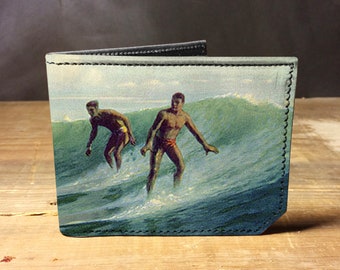 Leather surf wallet, gift for men, unique wallet, leather wallet, interesting wallet, bifold wallet, colorful wallet, cool wallet