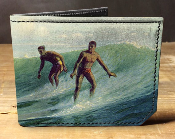 Mens Leather Bi-Fold Wallet with SURFER/ SURFING Image *Great Gift* Mens Leather Bi-Fold Wallet with SURFER/ SURFING Image *Great Gift*