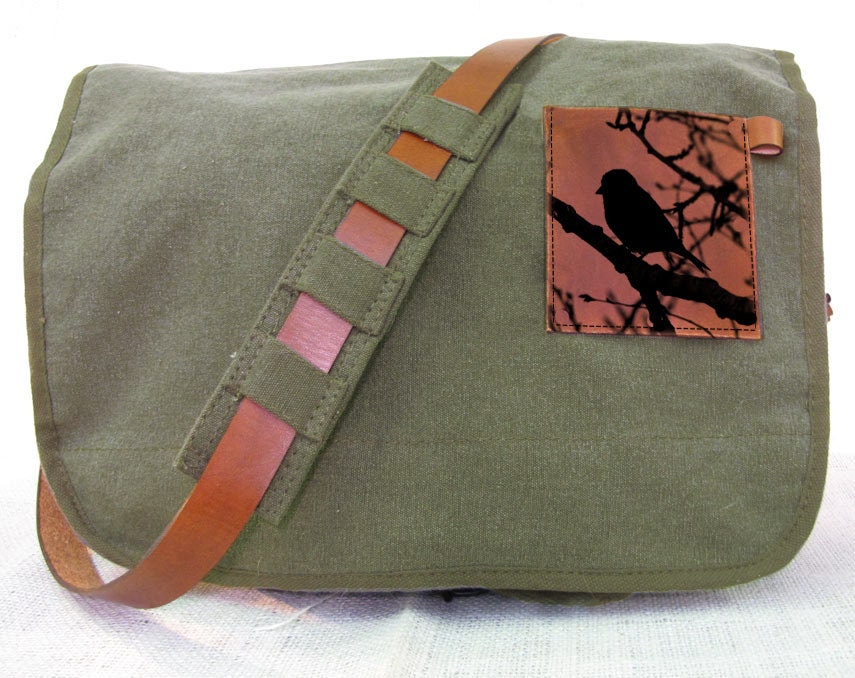 Canvas messenger bag with leather accents bird in tree bag Etsy