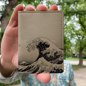 Cartera de bolsillo frontal Great Wave, cartera delgada, tarjetero de cuero, cartera plegable, cartera de cuero para hombre, cartera de cuero, cartera marrón