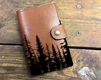 Handmade Leather Journal Cover: Trees Design, Fits Moleskin & Field Notes