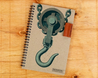 Pulley Hook Notebook, Notebook, Pulley Hook, Spiral Notebook, Notepad, 5.5 X 8.5 Notebook, Journal, Pen Holder, Writing Journal, Industrial