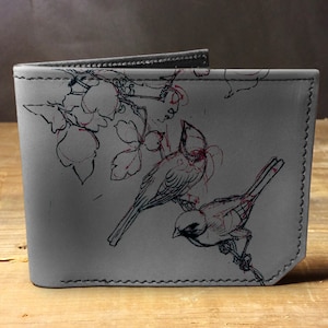 Cartera de cuero para hombre, billetera para hombre, billetera de pájaros de boceto, billetera de cuero, billetera delgada, regreso a la escuela, billetera de cuero para hombre, billetera plegable