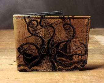 Octopus Attacks - Handmade Leather Bifold Wallet