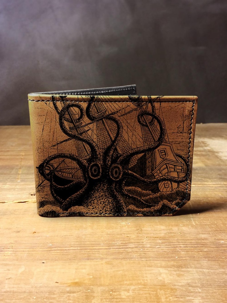Octopus Attacks - Handmade Leather Bifold Wallet image 1