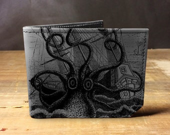 Octopus Attacks - Handmade Leather Bifold Wallet