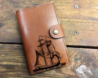 Handmade Leather Journal Cover: Ship Design, Fits Moleskin & Field Notes