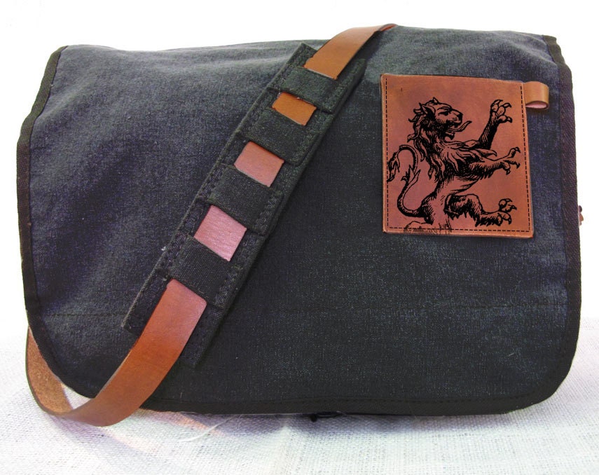 Black canvas messenger bag with leather accents lion bag Etsy