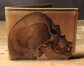 Skull Illustration - Handmade Leather Bifold Wallet