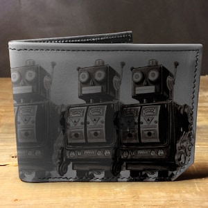 Cartera de cuero para hombre, billetera para hombre, billetera de robots, billetera de cuero, billetera delgada, regreso a la escuela, billetera de cuero para hombre, billetera plegable