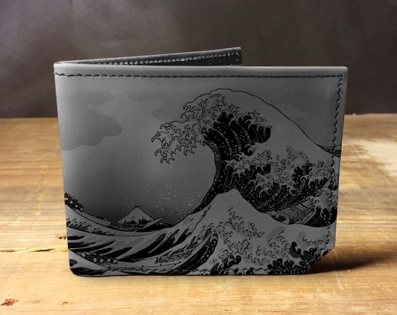 Handmade Leather Bifold Wallet: Japanese Wave Art