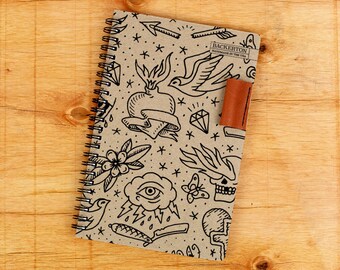 Tattoo Flash - Handmade Notebook with Leather Pen Holder
