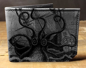 Mens leather wallet, Mens wallet, sea monster wallet, leather wallet, slim wallet, leather wallet mens, bifold wallet, backerton
