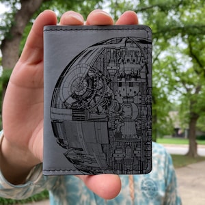 Billetera de bolsillo frontal Death Star, billetera delgada, tarjetero de cuero, billetera plegable, billetera de cuero para hombre, billetera de cuero, billetera marrón
