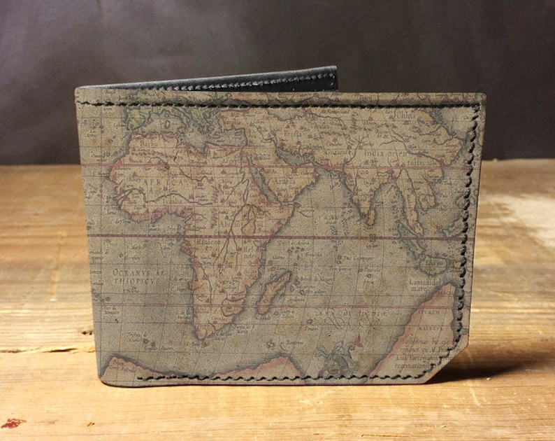 Leather world map wallet, gift for men, unique wallet, leather wallet, interesting wallet, bifold wallet, colorful wallet, cool wallet image 1