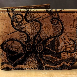 Cartera de cuero para hombre, billetera para hombre, billetera de ataques de pulpo, billetera de cuero, billetera delgada, billetera plegable, billetera de cuero para hombre, billetera plegable
