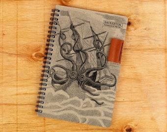 Octopus Attack - Handmade Notebook with Leather Pen Holder