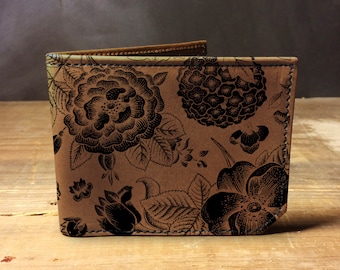 Mens leather wallet, Mens wallet, floral pattern wallet, leather wallet, slim wallet, back to school, leather wallet mens, bifold wallet