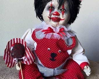 OOAK One-of-a-kind 18” Hand Painted “Candy Striper” The Clown Creepy Haunted Horror Art Doll Decor