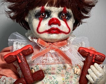 OOAK One-of-a-kind 18” Hand Painted “It” Inspired Little Lil Baby Penny Pennywise Creepy Haunted Horror Art Clown Doll Decor