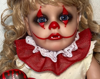 OOAK One-of-a-kind Hand Painted Reborn Remake Candy Striper the Killer Clown Creepy Haunted Horror 22” Art Doll Decor.