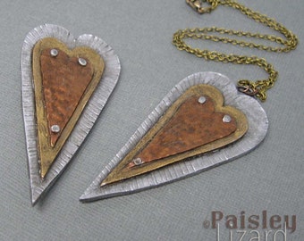 Mixed Metal Hearts Necklace or Brooch, Paisley Lizard boho art jewelry