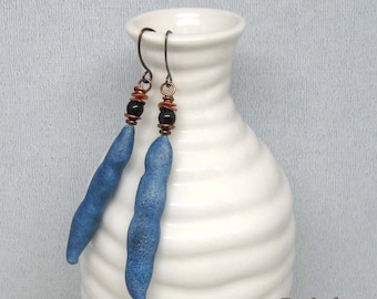 Blue Bean Seed Pod Earrings, rustic organic seed pod earrings, mixed media boho earrings